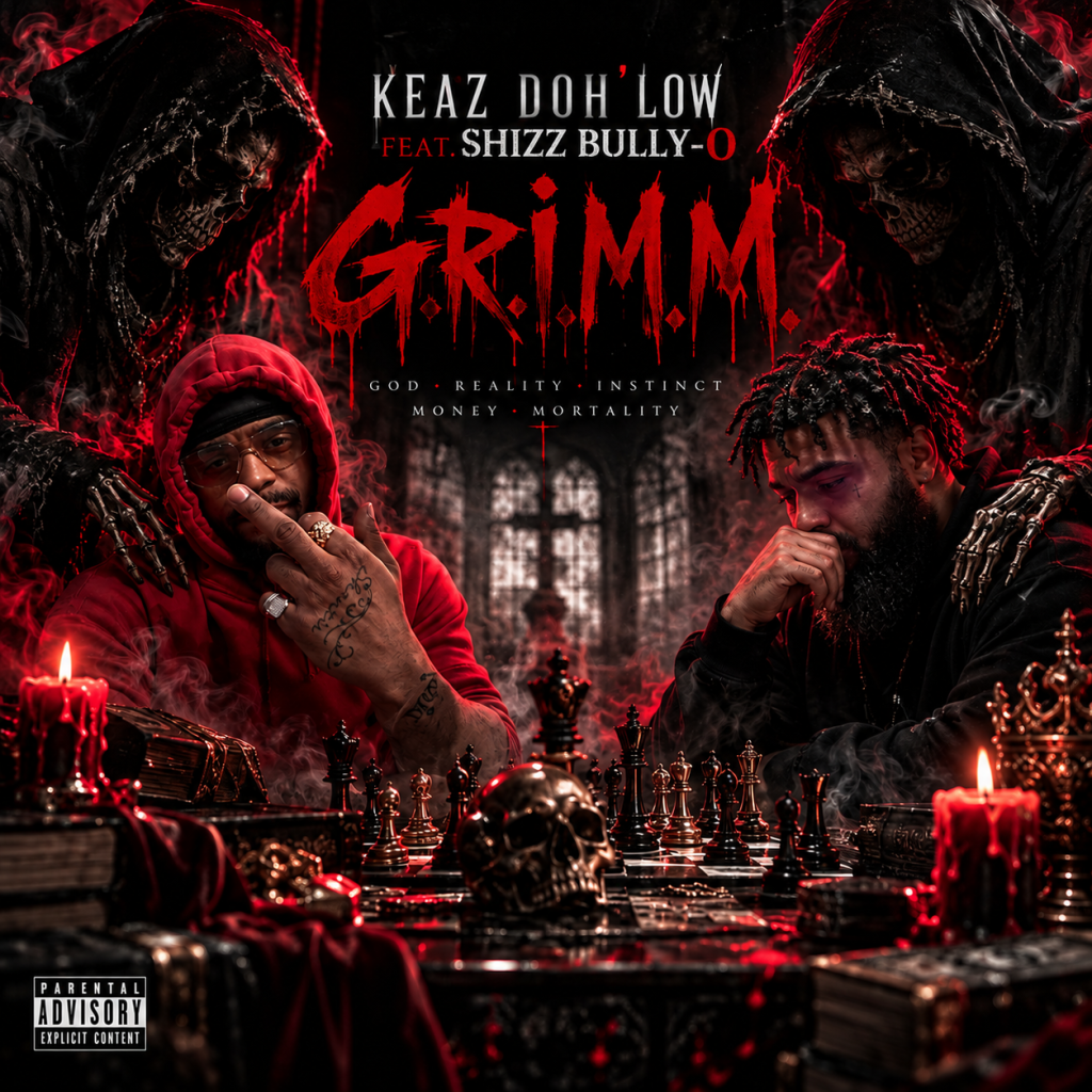 G.R.I.M.M. cover art featuring Keaz Doh^Low and Shizz B.O. in a dark red cinematic chessboard scene.