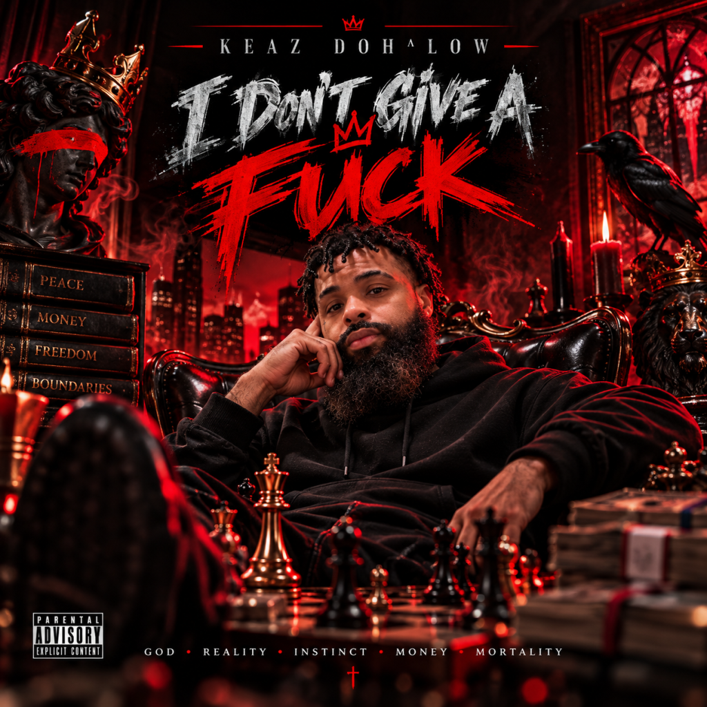Keaz Doh^Low seated on a dark throne beneath a crimson crown, surrounded by red lighting on the I Don't Give A Fuck single cover.